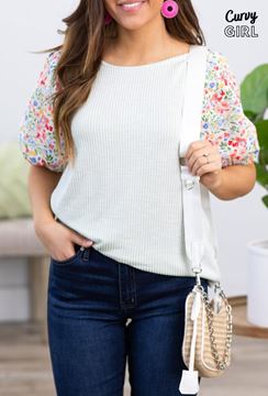 Picture of CURVY GIRL FLORAL SLEEVE RIBBED TOP